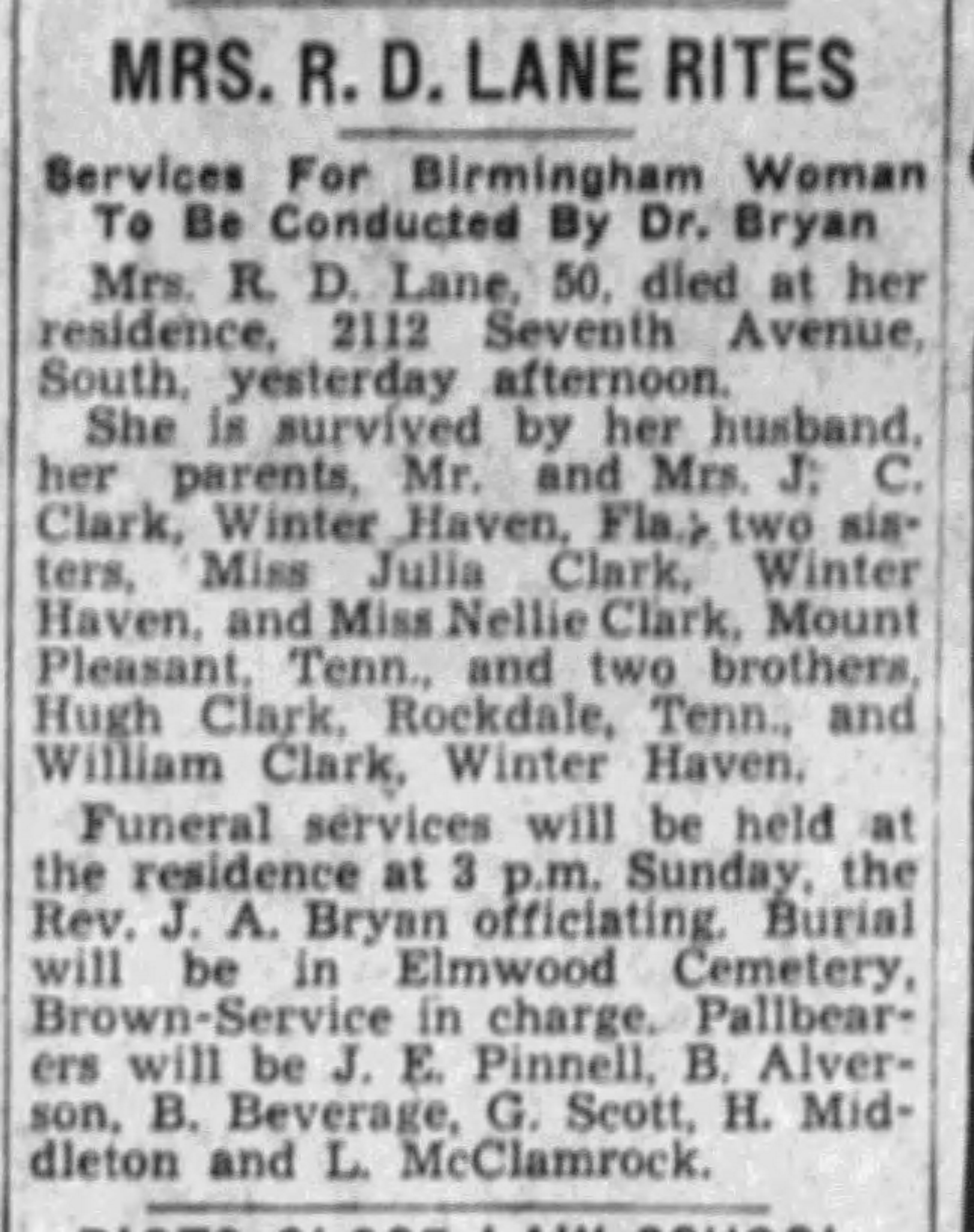 Annie Elizabeth Lane obituary